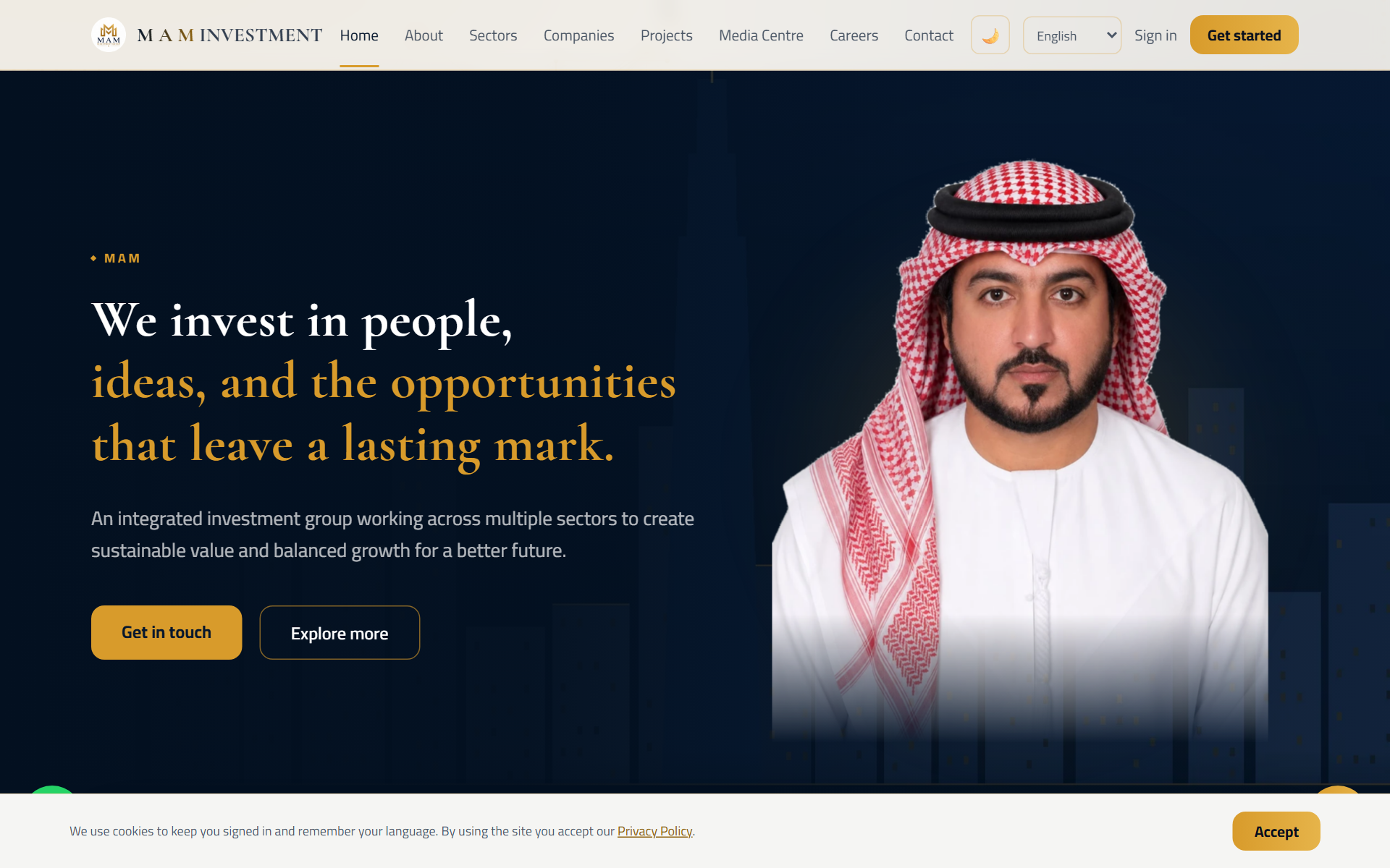The MAM Investment website as it serves today, with its own logo, navy and gold identity, and navigation across sectors, companies and projects.